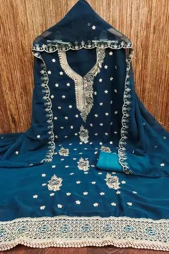 Women's teal blue heavy thread embroidered georgette dress material