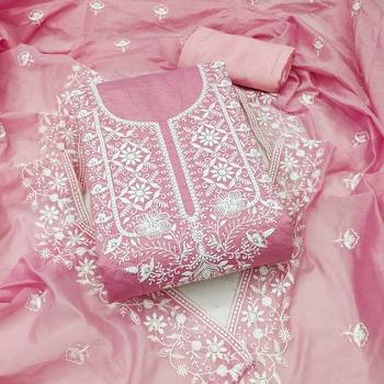 Women's baby pink heavy thread embroidered chanderi cotton dress material 1