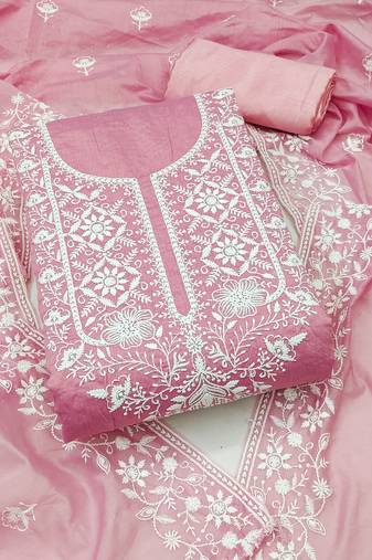 Women's baby pink unstitched heavy thread embroidered chanderi cotton dress material 