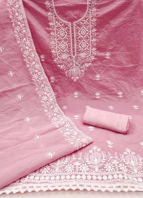 Women's baby pink heavy thread embroidered chanderi cotton dress material 2