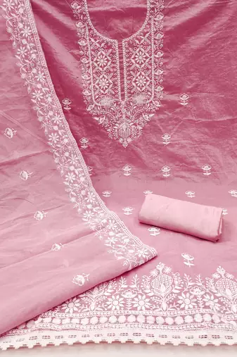 Women's baby pink heavy thread embroidered chanderi cotton dress material