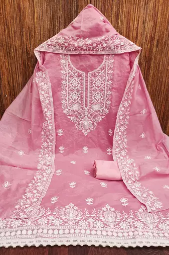 Women's baby pink heavy thread embroidered chanderi cotton dress material