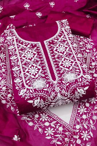 Women's pink unstitched heavy thread embroidered chanderi cotton dress material 