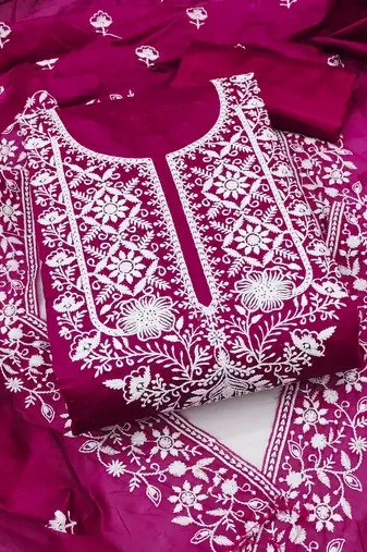 Women's pink unstitched heavy thread embroidered chanderi cotton dress material 