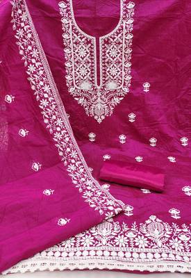 Women's pink heavy thread embroidered chanderi cotton dress material 2