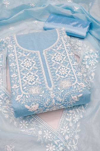 Women's sky blue unstitched heavy thread embroidered chanderi cotton dress material 
