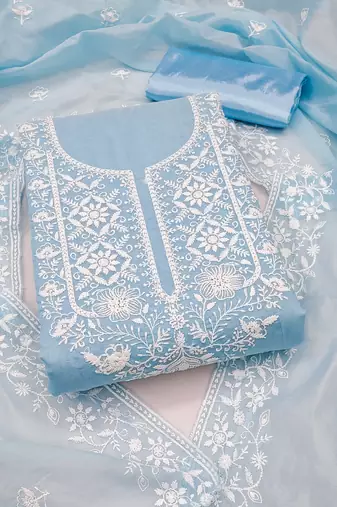Women's sky blue unstitched heavy thread embroidered chanderi cotton dress material 