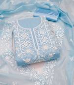 Women's sky blue unstitched heavy thread embroidered chanderi cotton dress material