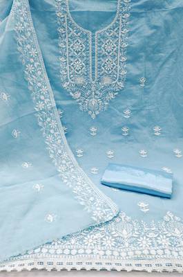 Women's sky blue heavy thread embroidered chanderi cotton dress material 2