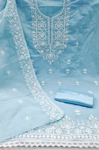 Women's sky blue heavy thread embroidered chanderi cotton dress material
