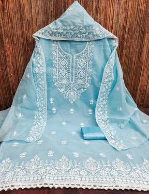 Women's sky blue heavy thread embroidered chanderi cotton dress material 3