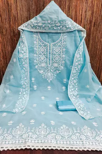 Women's sky blue heavy thread embroidered chanderi cotton dress material