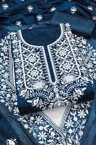 Women's teal blue unstitched heavy thread embroidered chanderi cotton dress material 