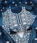 Women's teal blue unstitched heavy thread embroidered chanderi cotton dress material 