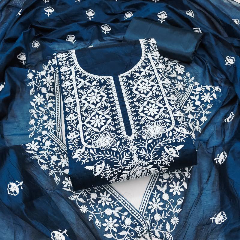 Women's teal blue unstitched heavy thread embroidered chanderi cotton dress material 