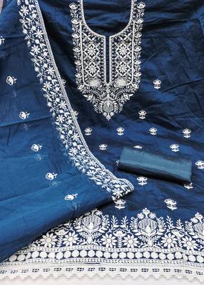 Women's teal blue heavy thread embroidered chanderi cotton dress material 2