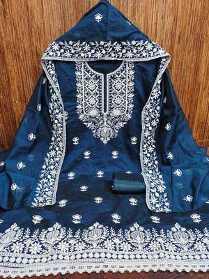 Women's teal blue heavy thread embroidered chanderi cotton dress material 3