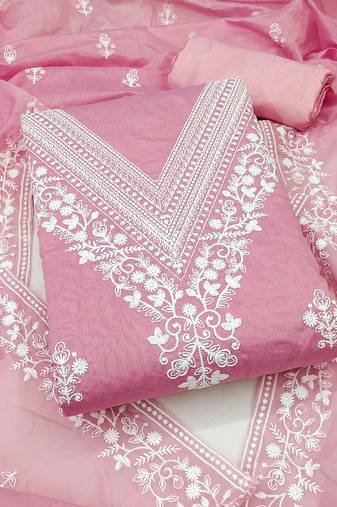 Women's baby pink unstitched heavy thread embroidered chanderi cotton dress material 