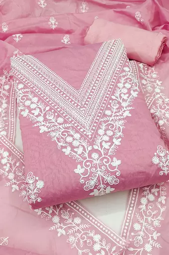 Women's baby pink unstitched heavy thread embroidered chanderi cotton dress material 