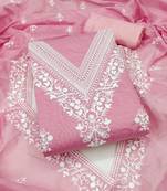 Women's baby pink unstitched heavy thread embroidered chanderi cotton dress material