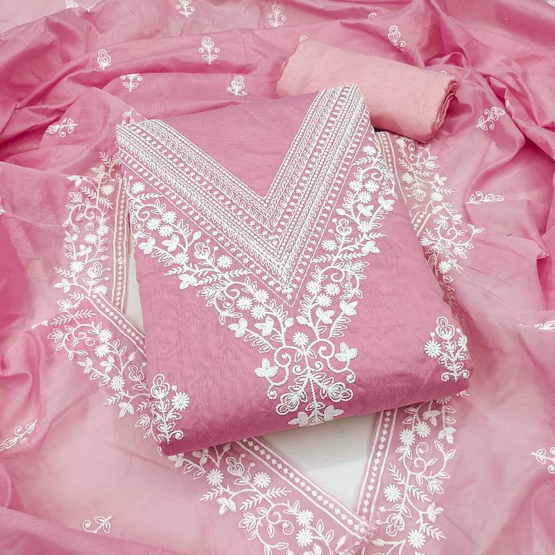 Women's baby pink unstitched heavy thread embroidered chanderi cotton dress material 