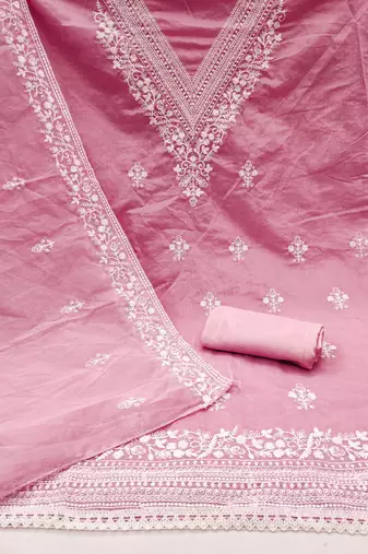 Women's baby pink heavy thread embroidered chanderi cotton dress material