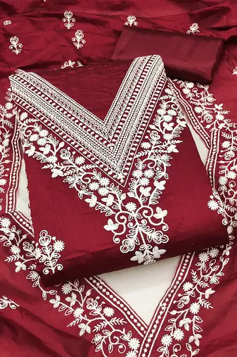 Women's maroon unstitched heavy thread embroidered chanderi cotton dress material 