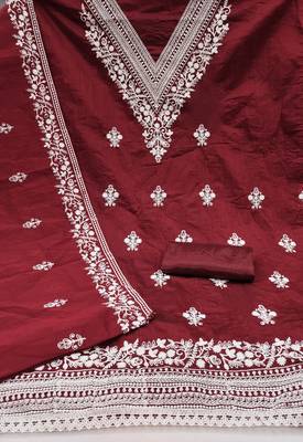 Women's maroon heavy thread embroidered chanderi cotton dress material 2