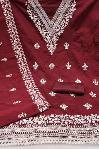 Women's maroon heavy thread embroidered chanderi cotton dress material