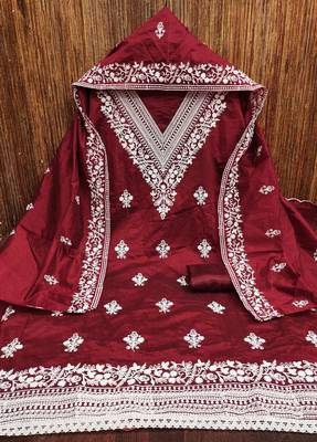 Women's maroon heavy thread embroidered chanderi cotton dress material 3