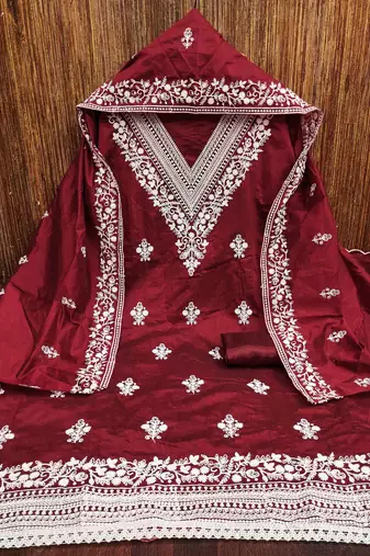 Women's maroon heavy thread embroidered chanderi cotton dress material