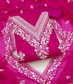 Women's pink unstitched heavy thread embroidered chanderi cotton dress material