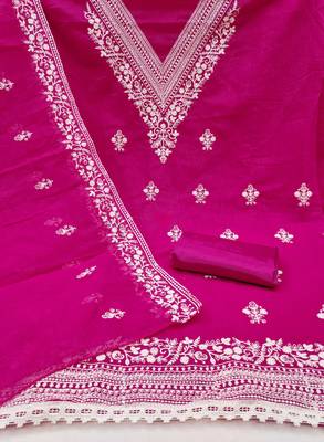 Women's pink heavy thread embroidered chanderi cotton dress material 2