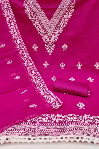Women's pink heavy thread embroidered chanderi cotton dress material