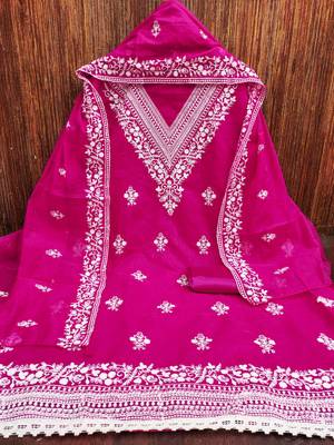 Women's pink heavy thread embroidered chanderi cotton dress material 3