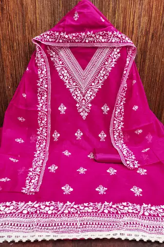 Women's pink heavy thread embroidered chanderi cotton dress material