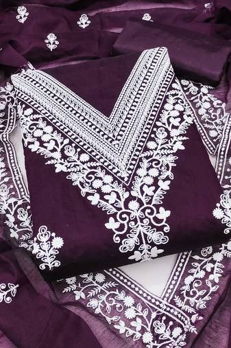 Women's purple unstitched heavy thread embroidered chanderi cotton dress material 