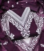 Women's purple unstitched heavy thread embroidered chanderi cotton dress material