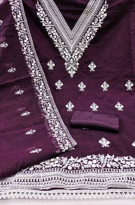 Women's purple heavy thread embroidered chanderi cotton dress material 2