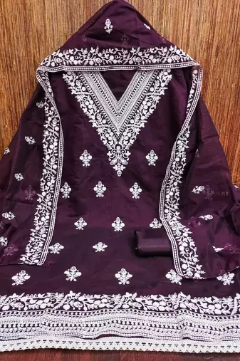 Women's purple heavy thread embroidered chanderi cotton dress material
