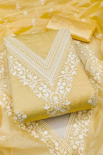Women's yellow unstitched heavy thread embroidered chanderi cotton dress material 