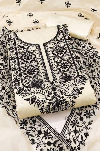 Women's cream unstitched heavy thread embroidered chanderi cotton dress material 