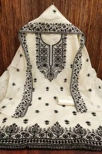 Women's cream heavy thread embroidered chanderi cotton dress material