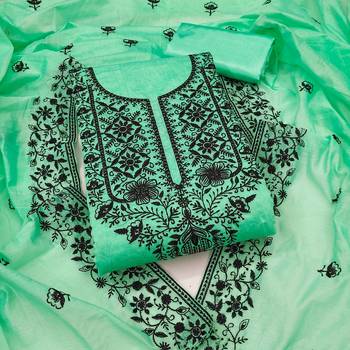 Women's light green heavy thread embroidered chanderi cotton dress material 1