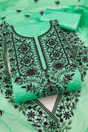 Women's light green unstitched heavy thread embroidered chanderi cotton dress material 