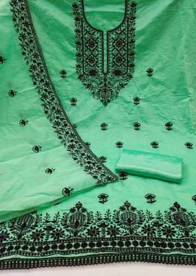 Women's light green heavy thread embroidered chanderi cotton dress material 2