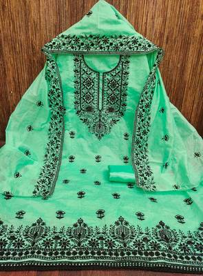 Women's light green heavy thread embroidered chanderi cotton dress material 3