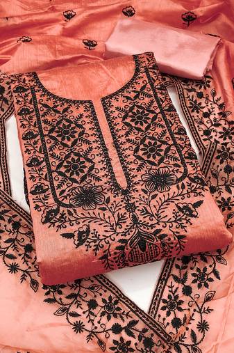 Women's peach unstitched heavy thread embroidered chanderi cotton dress material 