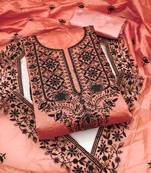 Women's peach unstitched heavy thread embroidered chanderi cotton dress material