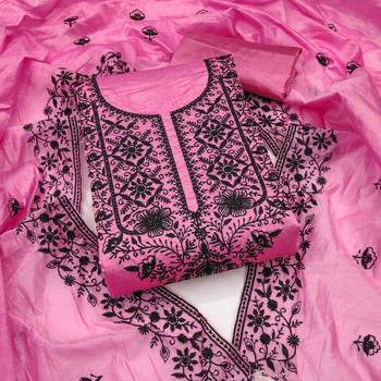 Women's pink heavy thread embroidered chanderi cotton dress material 1
